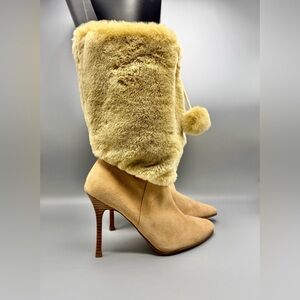 Colin Stuart Tan Suede Faux Fur Slouch Boots Heels Sz 8